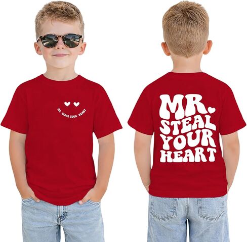 تي شيرتات للأطفال الصغار لعيد الحب للأولاد الصغار، تي شيرت مطبوع عليه Mr. Steal Your Heart، ملابس أطفال مزدوجة الجانب in Kuwait