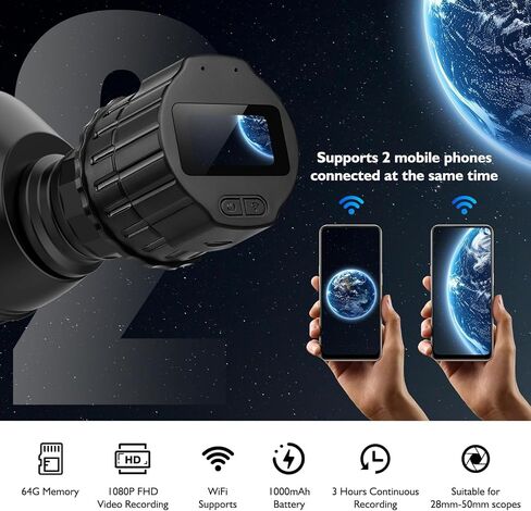 عدسة كاميرا تلسكوب WiFi: عدسة إلكترونية سعة 64 جيجابايت، شاشة 1.5 بوصة، تسجيل 1080P FHD، ملحقات مجهر التلسكوب، كاميرا كوكبية 28 مم - 50 مم للتصوير الفلكي، مشاهدة الطيور، المشي لمسافات طويلة in Kuwait