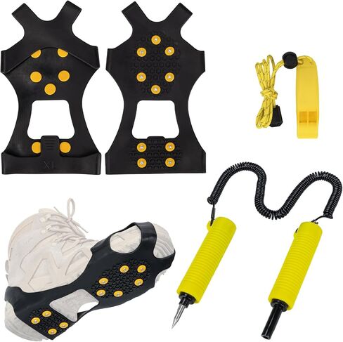 QualyQualy 3Pcs Ice Fishing Safety Kit - Retractable Ice Picks & Safety Whistle，Ice Cleats for Boots with 8/10 Spikes Traction Slip-on Ice Grips, Emergency Gear for Ice Fishing, Snow, Skating, Hiking in Saudi Arabia