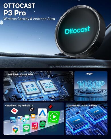 صندوق OTTOCAST P3 Pro AI - محول CarPlay اللاسلكي وAndroid Auto، Android 13 مع OttoDrive 3.0، مخرج HDMI، ذاكرة وصول عشوائي 8 جيجابايت + تخزين 128 جيجابايت، بطاقة SIM سحابية، يدعم بث YouTube وNetflix وTikTok in Kuwait