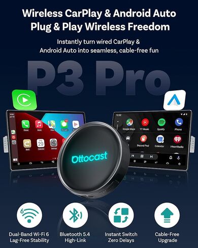 صندوق OTTOCAST P3 Pro AI - محول CarPlay اللاسلكي وAndroid Auto، Android 13 مع OttoDrive 3.0، مخرج HDMI، ذاكرة وصول عشوائي 8 جيجابايت + تخزين 128 جيجابايت، بطاقة SIM سحابية، يدعم بث YouTube وNetflix وTikTok in Kuwait