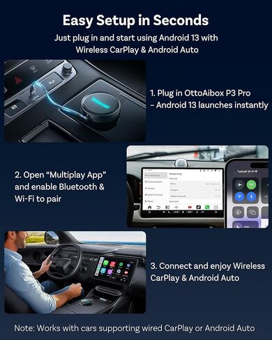 صندوق OTTOCAST P3 Pro AI - محول CarPlay اللاسلكي وAndroid Auto، Android 13 مع OttoDrive 3.0، مخرج HDMI، ذاكرة وصول عشوائي 8 جيجابايت + تخزين 128 جيجابايت، بطاقة SIM سحابية، يدعم بث YouTube وNetflix وTikTok in Kuwait