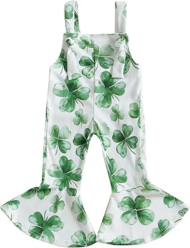 YOKJZJD Toddler Baby Girl St Patricks Day Outfit Shamrocks Suspender Romper Jumpsuit Overalls Bell Bottom Pants Fall Clothes in Saudi Arabia