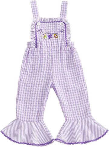 Toddler Baby Girl Mardi Gras Outfit Carnival Cake Embroidery Striped Bow Bell Bottom Overalls Sleeveless Romper in Saudi Arabia