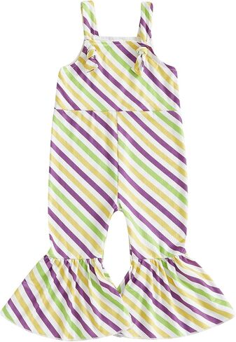 Toddler Baby Girl Mardi Gras Outfit Carnival Cake Embroidery Striped Bow Bell Bottom Overalls Sleeveless Romper in Saudi Arabia