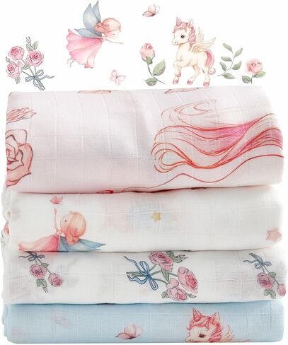 Muslin Baby Swaddle Blankets, 4-Pack 47x47 inches, Breathable 100% Rayon from Bamboo Receiving Blanket, Shower & Registry Gift (Little Dragon/Blue Castle/Hot Air Balloon/Prince & Dragon) in Saudi Arabia