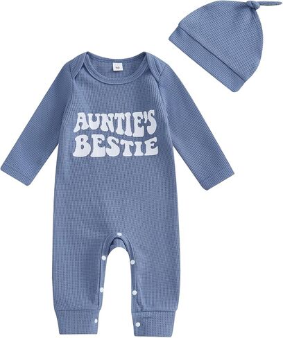 Suolongsama Infant Baby Boy Outfit Aunties Bestie Embroidery Romper Long Sleeve Waffle Jumpsuit with Hat Fall Winter Clothes in Kuwait