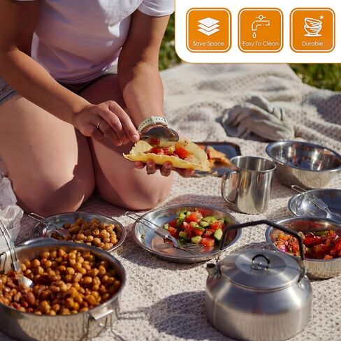LemonRoad 25 جهاز كمبيوتر شخصى طقم تجهيزات المطابخ التخييم الفولاذ المقاوم للصدأ مجموعة الطبخ مخيم مع الفولاذ المقاوم للصدأ وعاء أكواب لوحات الشوك السكاكين ملاعق للتخييم، وحقائب الظهر، والطبخ والنزهة في الهواء الطلق in Kuwait