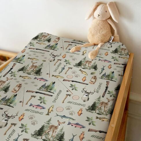 Fishing Hunting Baby Changing Pad Covers for Girls Boys Bass Fish Deer Paws Green Trees Fitted Change Table Pad Covers Mats Nature Hunting Animals Soft Diaper Change Table Sheets 32''×16'' in Saudi Arabia