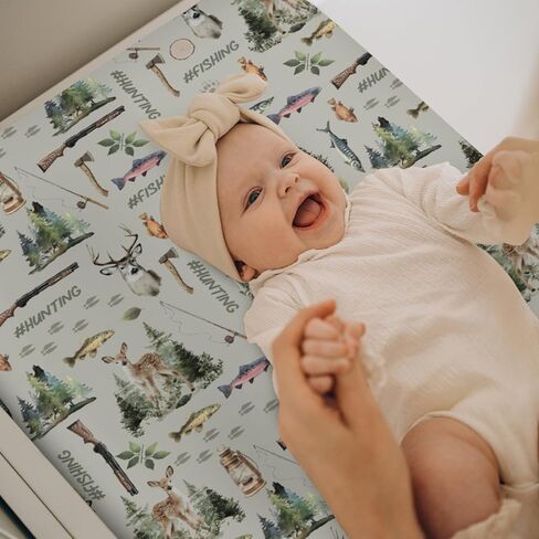 Fishing Hunting Baby Changing Pad Covers for Girls Boys Bass Fish Deer Paws Green Trees Fitted Change Table Pad Covers Mats Nature Hunting Animals Soft Diaper Change Table Sheets 32''×16'' in Saudi Arabia