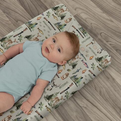 Fishing Hunting Baby Changing Pad Covers for Girls Boys Bass Fish Deer Paws Green Trees Fitted Change Table Pad Covers Mats Nature Hunting Animals Soft Diaper Change Table Sheets 32''×16'' in Saudi Arabia