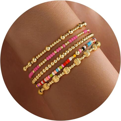 Turandoss Gold Beaded Bracelets Set for Women - 14K-Gold-Plated Dainty Turquoise Cross Round Bead Ball Simulated Pearl Bracelet for Women Heishi Clay Bracelet Simplicity Stack Bracelets Jewelry Gifts in Saudi Arabia