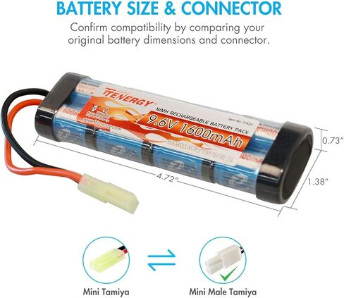 بطارية Tenergy 9.6V Airsoft 1600mAh NiMH حزمة بطارية مسطحة مع موصل Tamiya صغير لـ Airsoft MP5، Scar، M249، M240B، M60، G36، M14، RPK، PKM in Saudi Arabia