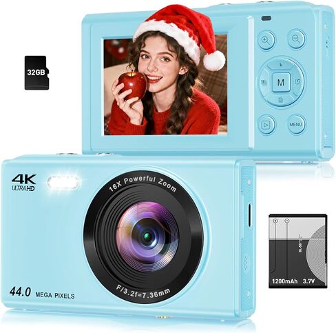 Digital Camera, 75MP Dual Front & Rear Cameras Sefie, Autofocus, Wi-Fi Sharing, Compact Travel Vlogging Camera for Teens Beginner Kids with 32GB SD Card, 2 Batteries, Lanyard in Kuwait