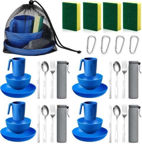 Camping Mess Kit for 4, Reusable Plastic Camping Dishes Set Light Weight Tableware Kit Utensils for Backpacking Hiking Picnic Outdoor Essentials Gear in Saudi Arabia