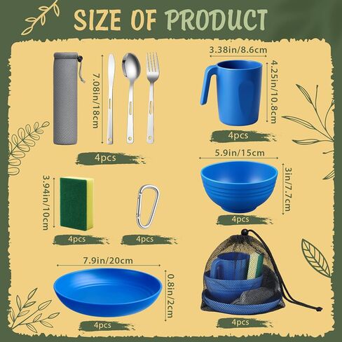 Camping Mess Kit for 4, Reusable Plastic Camping Dishes Set Light Weight Tableware Kit Utensils for Backpacking Hiking Picnic Outdoor Essentials Gear in Saudi Arabia