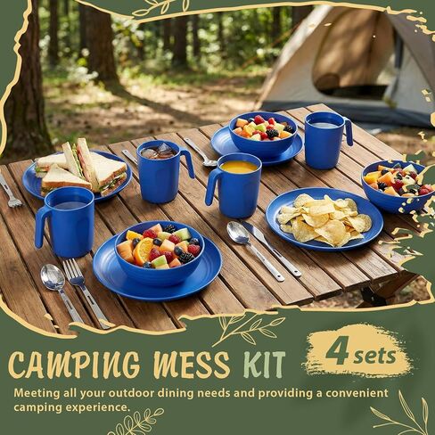 Camping Mess Kit for 4, Reusable Plastic Camping Dishes Set Light Weight Tableware Kit Utensils for Backpacking Hiking Picnic Outdoor Essentials Gear in Saudi Arabia