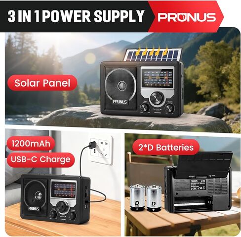 راديو PRUNUS J-81 AM FM محمول بلوتوث، يعمل بالطاقة الشمسية/بطارية D/USB-C قابل لإعادة الشحن للطوارئ، أجهزة راديو ترانزستور مع مقبس سماعة الرأس، يدعم بطاقة TF/تشغيل USB، مقبض كبير سهل الاستخدام in Saudi Arabia