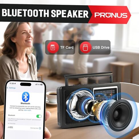 راديو PRUNUS J-81 AM FM محمول بلوتوث، يعمل بالطاقة الشمسية/بطارية D/USB-C قابل لإعادة الشحن للطوارئ، أجهزة راديو ترانزستور مع مقبس سماعة الرأس، يدعم بطاقة TF/تشغيل USB، مقبض كبير سهل الاستخدام in Saudi Arabia
