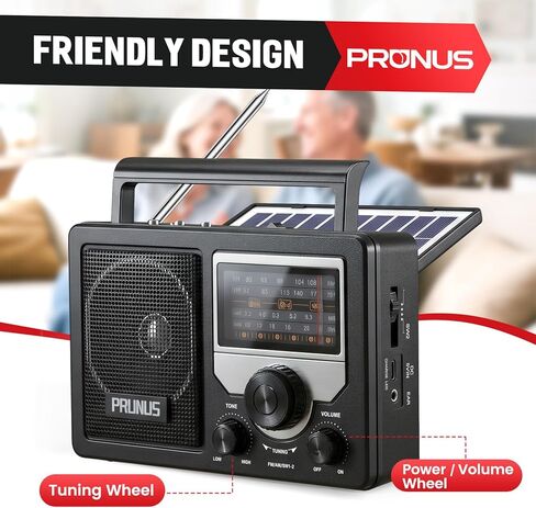 راديو PRUNUS J-81 AM FM محمول بلوتوث، يعمل بالطاقة الشمسية/بطارية D/USB-C قابل لإعادة الشحن للطوارئ، أجهزة راديو ترانزستور مع مقبس سماعة الرأس، يدعم بطاقة TF/تشغيل USB، مقبض كبير سهل الاستخدام in Saudi Arabia