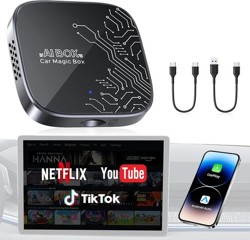 محول CarPlay لاسلكي 4 في 1 لبث Netflix/YouTube/TikTok/TF Card، 2026 Magic Video AI Box & Android Auto Dongle [واي فاي مزدوج النطاق، بلوتوث 5.3] التوصيل والتشغيل، يناسب سيارة تشغيل السيارة السلكية OEM in Kuwait