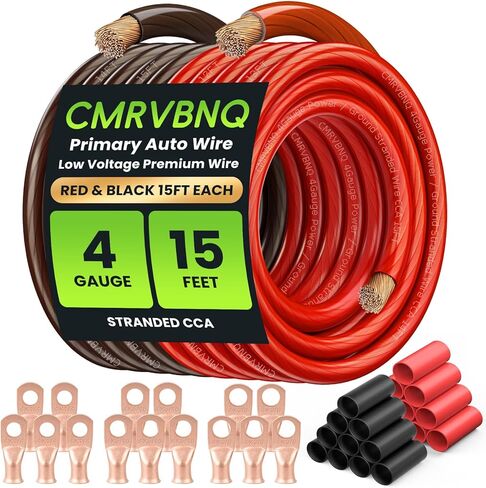 4 Gauge Wire Red & Black 15FT Each 4 AWG CCA Automotive Wiring Kit with 15 Lugs & 20 Heat Shrink Tubes Low Voltage Power & Ground Wire Cable for Car Amp Battery Cable Subwoofer Car Audio RV in Kuwait