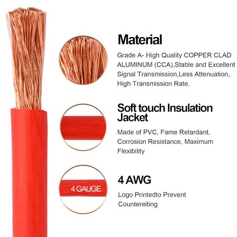 4 Gauge Wire,(10ft Each - Red/Black) 4 AWG Battery Cable, Copper Clad Aluminum CCA Welding Cable for Car Audio,Battery Systems,RVs,Solar Systems,Amp Wiring Kit in Saudi Arabia
