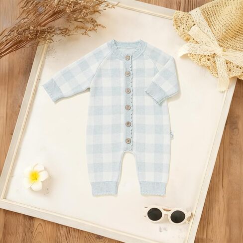 Avibae Knit Baby Sweater, Cotton Thermal Clothes for Newborn Infant, Baby Boys and Girls Plaid Romper in Saudi Arabia