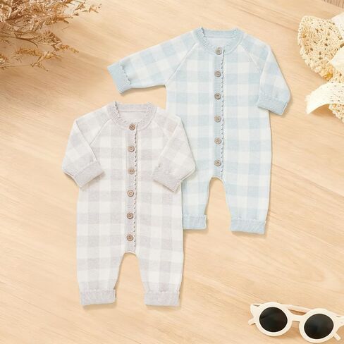 Avibae Knit Baby Sweater, Cotton Thermal Clothes for Newborn Infant, Baby Boys and Girls Plaid Romper in Saudi Arabia