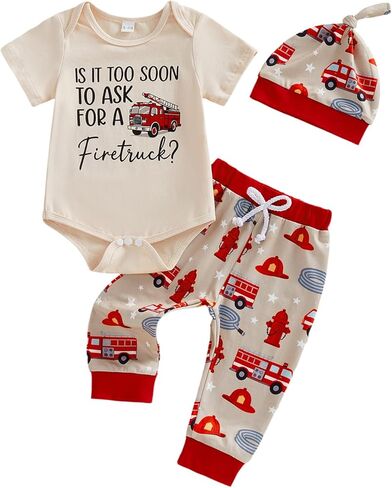 3Pcs Newborn Baby Boy Clothes Is It Too Soon To Ask For A Fire Truck Short Sleeve Romper Pants Set Firefighter Outfit in Saudi Arabia