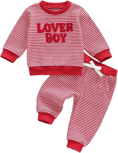 Valentine's Day Baby Boy Outfit Lover Boy Embroidery Long Sleeve Knit Sweatshirt Striped Heart Pants Toddler Set in Saudi Arabia