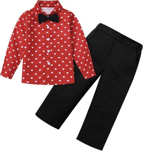 IDOPIP Boys Valentine’s Day Outfit Rose Heart Print Shirt Pants Set with Bowtie for Toddler Kids Formal Suit Birthday Wedding in Kuwait