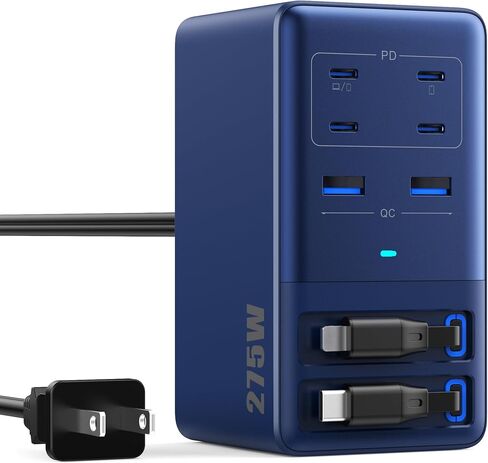 شاحن USB C بقدرة 275 وات مع كابلات مزدوجة قابلة للسحب، كتلة محور شحن سريع 8 في 1 GaN IV مطورة + محول الكمبيوتر المحمول PD QC PPS 65W لأجهزة MacBook Pro/Air، iPad، iPhone 17/Pro، Galaxy S24، Dell إلخ in Kuwait
