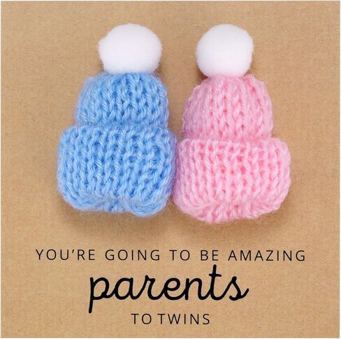 Ukodnus Boy and Girl Twins New Baby Card with Blue and Pink Knitted Hats, Card for New Parents to Twins, Pregnancy and Baby Shower for Mom and Dad, Newborn Twin Baby Gift in Kuwait
