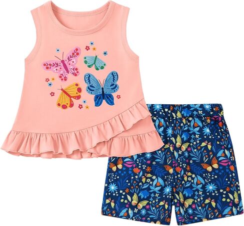 ZOEREA Toddler Girl Clothes, 2Pcs Baby Girl Summer Spring Outfits Sleeveless Tank Shirt Ruffle Top +Shorts Clothing Set 1-5T in Saudi Arabia