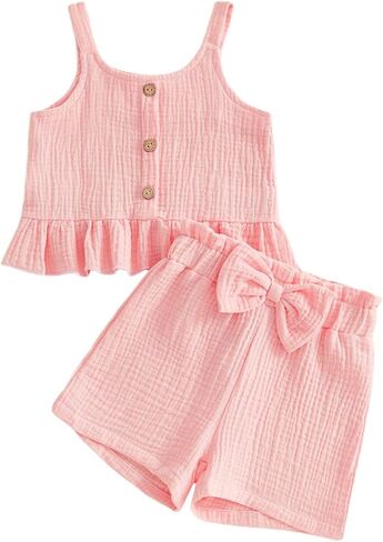 Toddler Girls Summer Outfits Solid Color Sleeveless U Neck Organic Cotton Ruffled Button Tank Tops Bow Shorts Set in Saudi Arabia