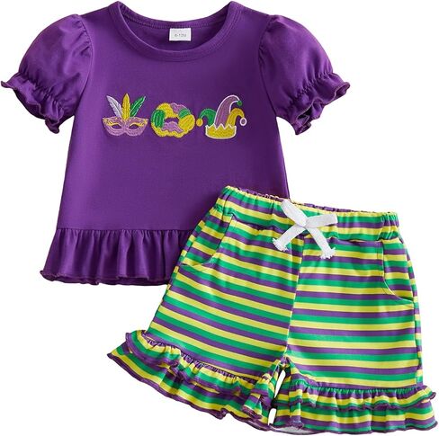 Toddler Baby Girl Mardi Gras Outfits Embroidery Puff Sleeve T Shirt Ruffled Stripe Shorts Set Carnival Clothes in Saudi Arabia