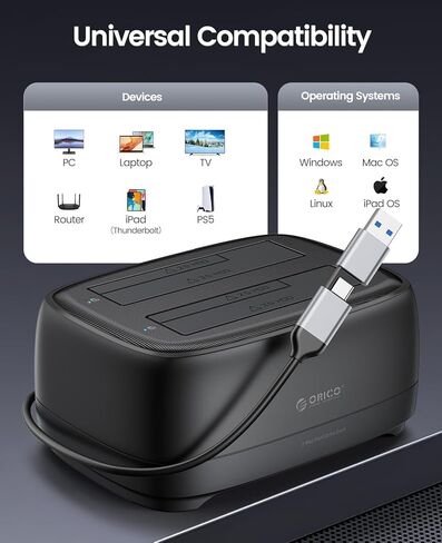 محطة إرساء محرك الأقراص الصلبة ORICO USB 3.2 Gen 1 إلى SATA حاوية محرك الأقراص الصلبة المزدوجة لـ 2.5 و3.5 بوصة SSD HDD حتى 40 تيرابايت مع مصدر طاقة 12 فولت، خالية من الأدوات ودعم UASP (DD28C3) in Kuwait