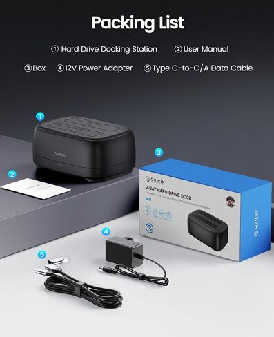 محطة إرساء محرك الأقراص الصلبة ORICO USB 3.2 Gen 1 إلى SATA حاوية محرك الأقراص الصلبة المزدوجة لـ 2.5 و3.5 بوصة SSD HDD حتى 40 تيرابايت مع مصدر طاقة 12 فولت، خالية من الأدوات ودعم UASP (DD28C3) in Kuwait