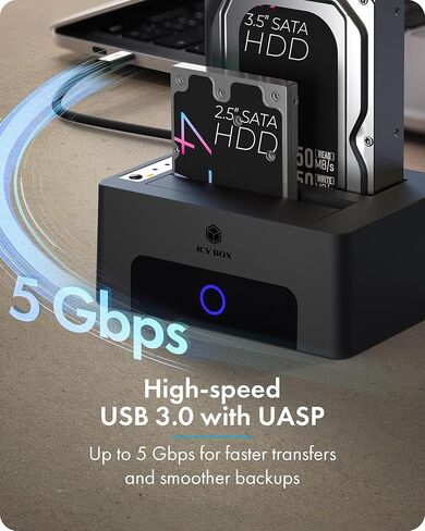 محطة إرساء محرك الأقراص الصلبة ICY BOX Dual Bay USB 3.0 إلى SATA مع وظيفة النسخ/الاستنساخ دون اتصال بالإنترنت لقاعدة محرك الأقراص الصلبة الخارجية مقاس 2.5 بوصة/3.5 بوصة HDD SSD بحد أقصى يصل إلى 60 تيرابايت (30 تيرابايت * 2) تدعم التوصيل والتشغيل UASP in Saudi Arabia