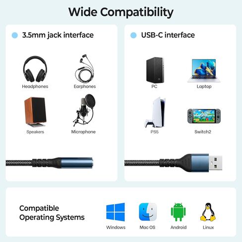 محول صوت جاك USB إلى 3.5 مم، محول صوت جاك بطاقة الصوت الخارجية مع محول ستيريو Aux 3.5 مم متوافق مع سماعات الرأس والكمبيوتر الشخصي والكمبيوتر المحمول وMac وLinux وأجهزة الكمبيوتر المكتبية وPS5 وPS4 والمزيد من الأجهزة، التوصيل والتشغيل in Kuwait
