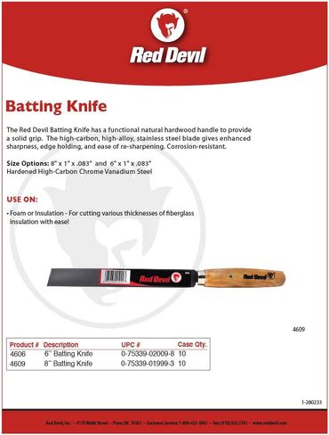 سكين الضرب Red Devil 4609 مقاس 8 بوصة - شفرة فولاذية عالية الكربون، مقبض من الخشب الصلب المتين لقطع العزل الدقيق in Kuwait