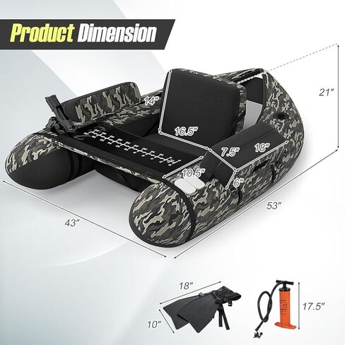 HOMGX Inflatable Float Tube, 350LBS Fishing Belly Boat w/Seat & Backrest, Fishing Boat with Fish Ruler, Paddle, Pump, Adjustable Straps, Portable Backpack Boat for Outdoor Adult Fishing in Saudi Arabia