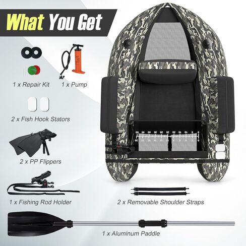 HOMGX Inflatable Float Tube, 350LBS Fishing Belly Boat w/Seat & Backrest, Fishing Boat with Fish Ruler, Paddle, Pump, Adjustable Straps, Portable Backpack Boat for Outdoor Adult Fishing in Saudi Arabia
