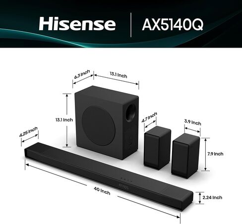 Hisense AX5140Q 5.1.4Ch Sound Bar with Wireless Subwoofer, Dolby Atmos, DTS:X, Bluetooth 5.3, Roku TV Ready, HDMI/AUX/ARC/Optical/USB, EzPlay, 7 EQ Modes, Hi Concerto, Room Calibration in Saudi Arabia