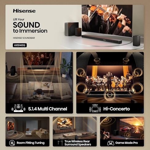 Hisense AX5140Q 5.1.4Ch Sound Bar with Wireless Subwoofer, Dolby Atmos, DTS:X, Bluetooth 5.3, Roku TV Ready, HDMI/AUX/ARC/Optical/USB, EzPlay, 7 EQ Modes, Hi Concerto, Room Calibration in Saudi Arabia