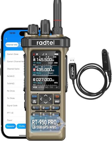 Radtel RT-950 PRO Ham Radio TX GPS/APRS, 10W Walkie Talkie Long Range Handheld Two Way Radio, AM/FM/CB/SW/MW/LW RX, Bluetooth APP Programming, NOAA, Spectrum Analyzer (with Programming Cable) in Kuwait