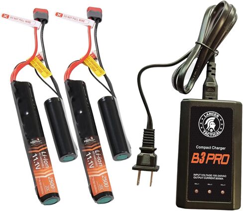 لانسر التكتيكية 2 حزم بطارية Airsoft 11.1V قابلة للشحن 2500mAh 20C بطارية ليبو Nunchuck (عميد) مع شاحن توازن 2S-3S لبندقية Airsoft in Kuwait