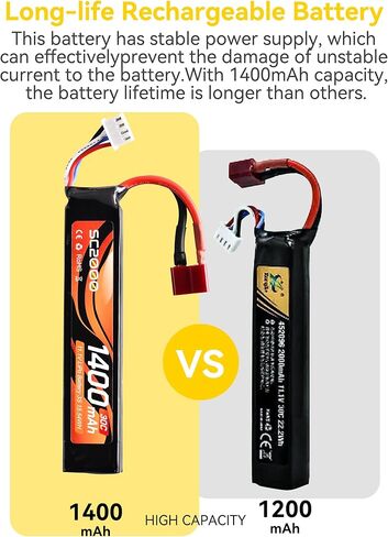 RunCam 11.1V LiPo Battery Airsoft Connector Rechargeable 1400mAh 30C Stick Battery with T Plug to Mini Tamiya Cable for Airsoft Guns Airsoft Rifle in Saudi Arabia