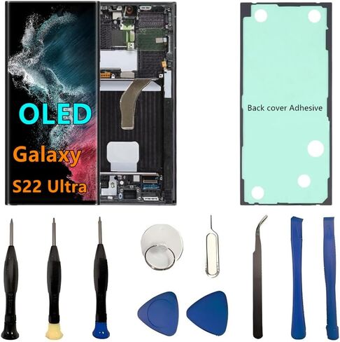 OLED Galaxy S22 Ultra LCD Screen Replacement for Samsung Galaxy S22Ultra 5G Display Touch Screen Digitizer SM-S908U SM-S908U1 Support Fingerprint S-Pen (with Black Frame+Back Cover Adhesive+Tools) in Saudi Arabia